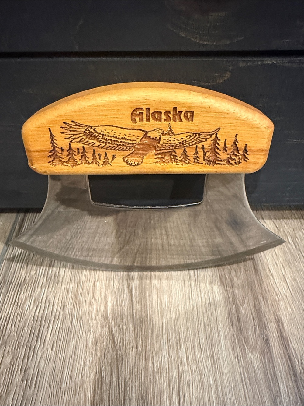 Wood Handle Mezzaluna-Alaska Theme with Eagle Soaring-6 inches wide
